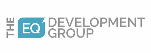 Logo for The EQ Development Group. The word 'THE' appears vertically in gray on the left. Next to it is a blue speech bubble with white letters 'EQ'. To the right, 'DEVELOPMENT GROUP' is written horizontally in gray.