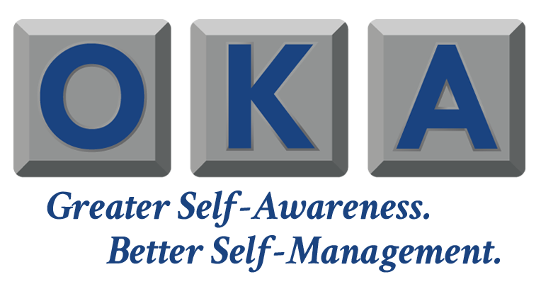 Logo with three gray square buttons, each containing a blue letter: 'O', 'K', and 'A'. Below the buttons, the tagline reads: 'Greater Self-Awareness. Better Self-Management.'