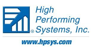 Logo with a blue square with three horizontal bars and three vertical bars, cutout to form an upwards blue arrow, symbolizing growth. To the right, the text reads 'High Performing Systems, Inc.' in blue, with a horizontal line below and the website 'www.hpsys.com' in bold blue font.