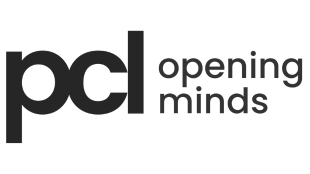 Logo for PCL. On the left, bold lowercase letters 'pcl' in black. To the right, the phrase 'opening minds' appears in smaller black font. The logo is set against a white background.